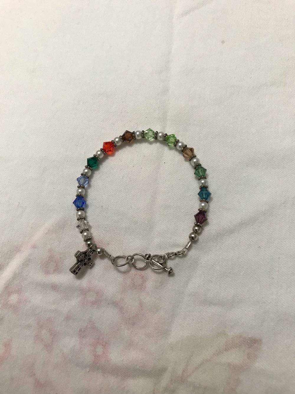 Sterling Silver 925 Multicolor Beaded Bracelet Cross Charm 7.5”
